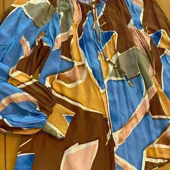 Womens Abstract Peasant Brown Gold Blue Pink Long Sleeve Perch Blouse 2X - Picture 4 of 11